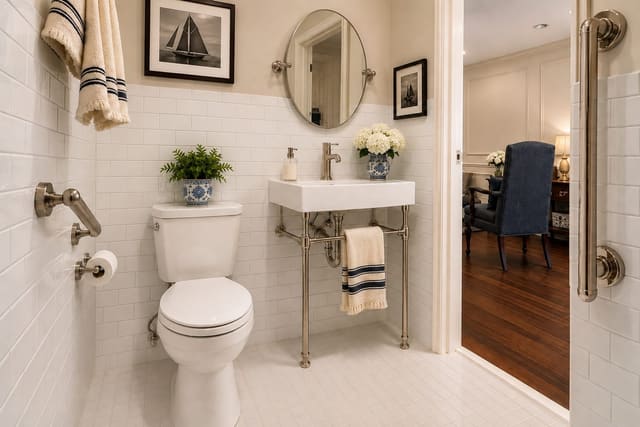 A Crepe Myrtle Hall half bath with subway tile, a console sink, and grab bars