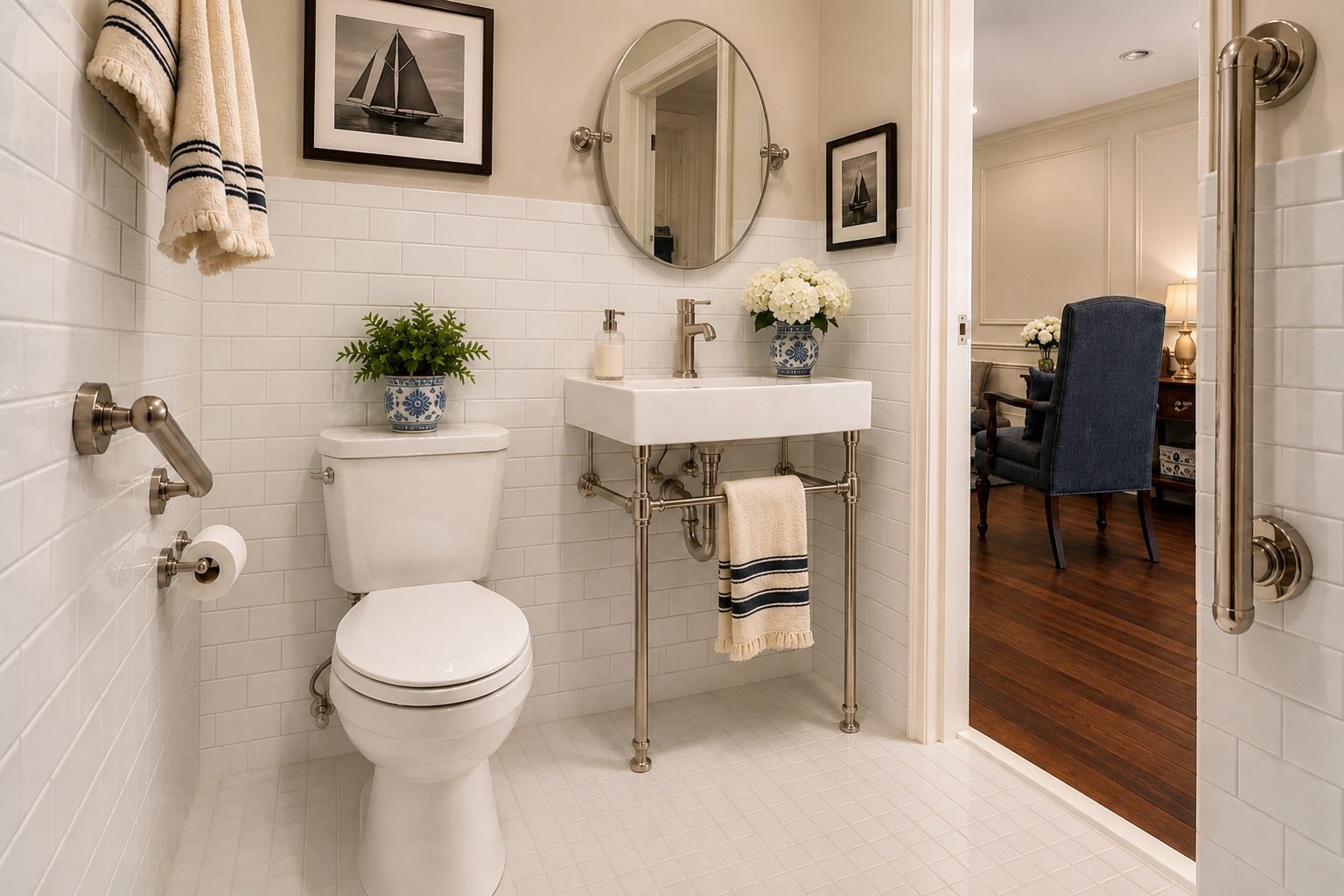 A Crepe Myrtle Hall half bath with subway tile, a console sink, and grab bars