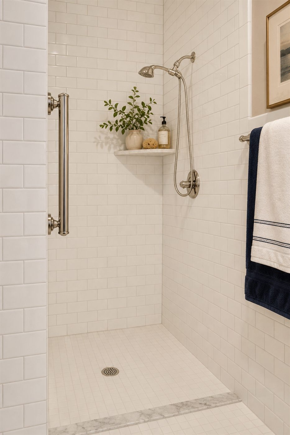 A subway-tiled shower in Crepe Myrtle Hall with a grab bar and a handheld shower head