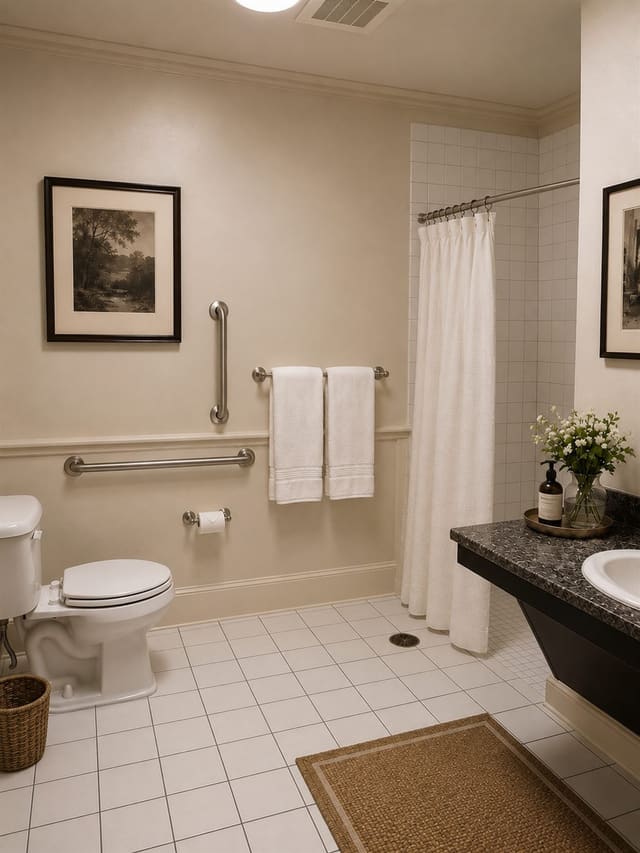 A full bath in Magnolia Hall with grab bars and a curtained shower