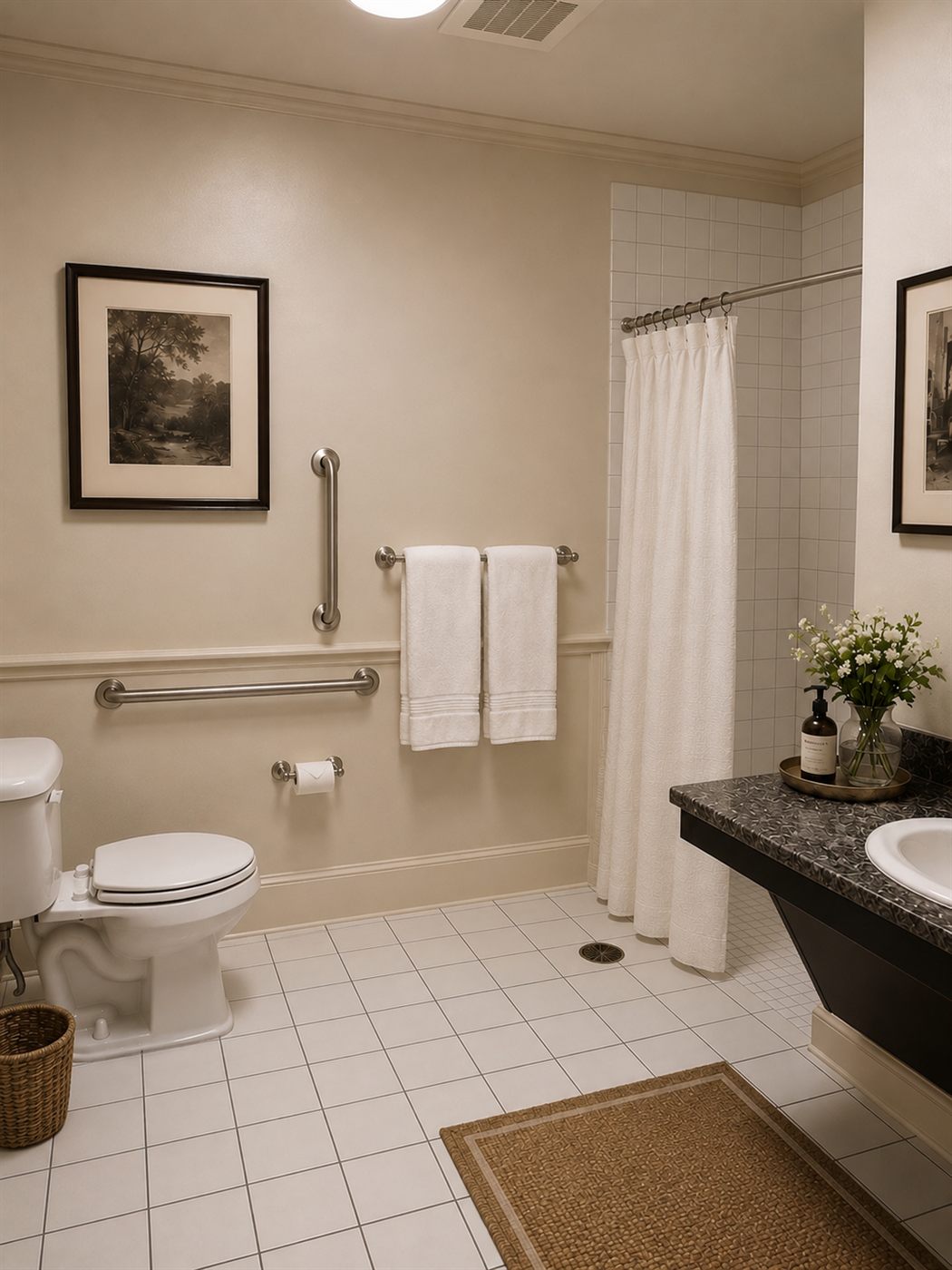 A full bath in Magnolia Hall with grab bars and a curtained shower