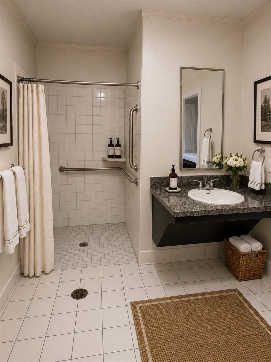 A Magnolia Hall bath with a curtained walk-in shower, grab bars, and a granite vanity