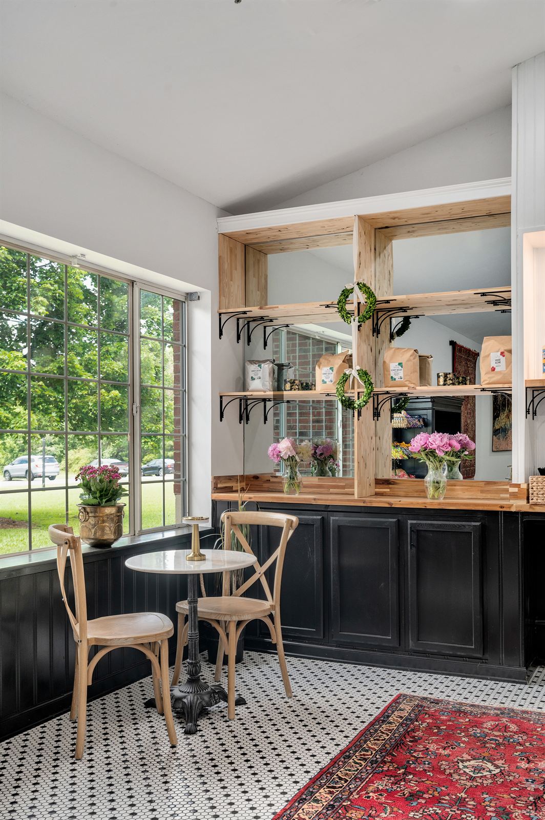 A marble cafe table by the window