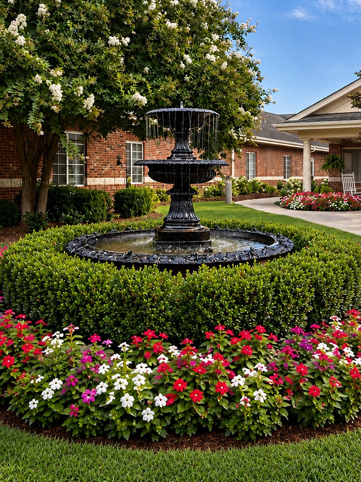 The courtyard fountain, ringed in boxwood and summer flowers