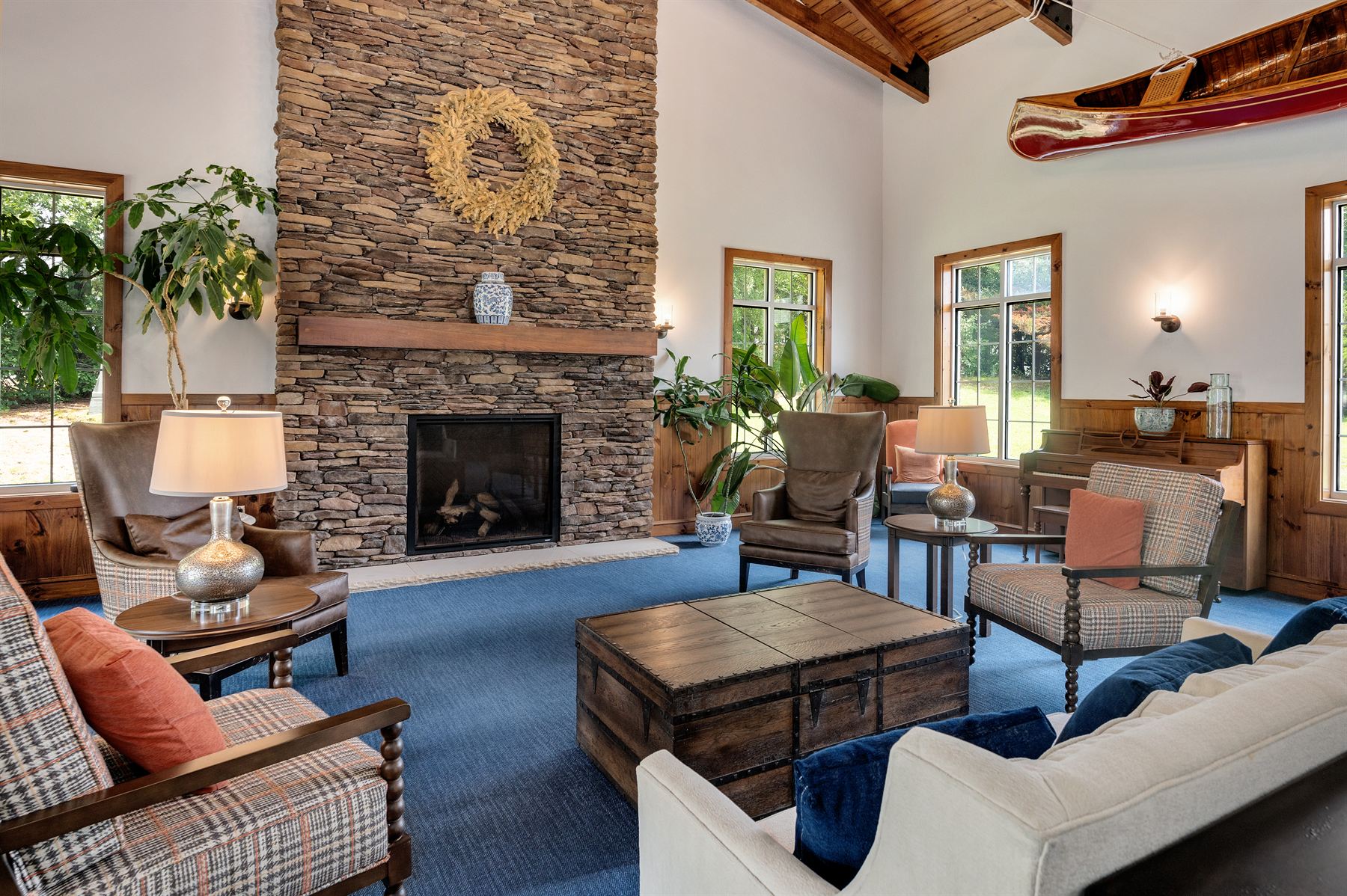 The stacked-stone fireplace