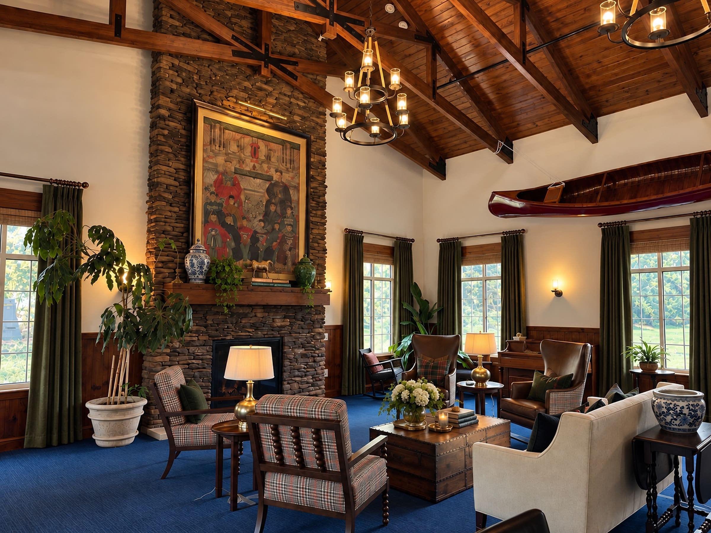 The Great Hall in lamplight: the stone fireplace, a canoe on the wall, and armchairs gathered round