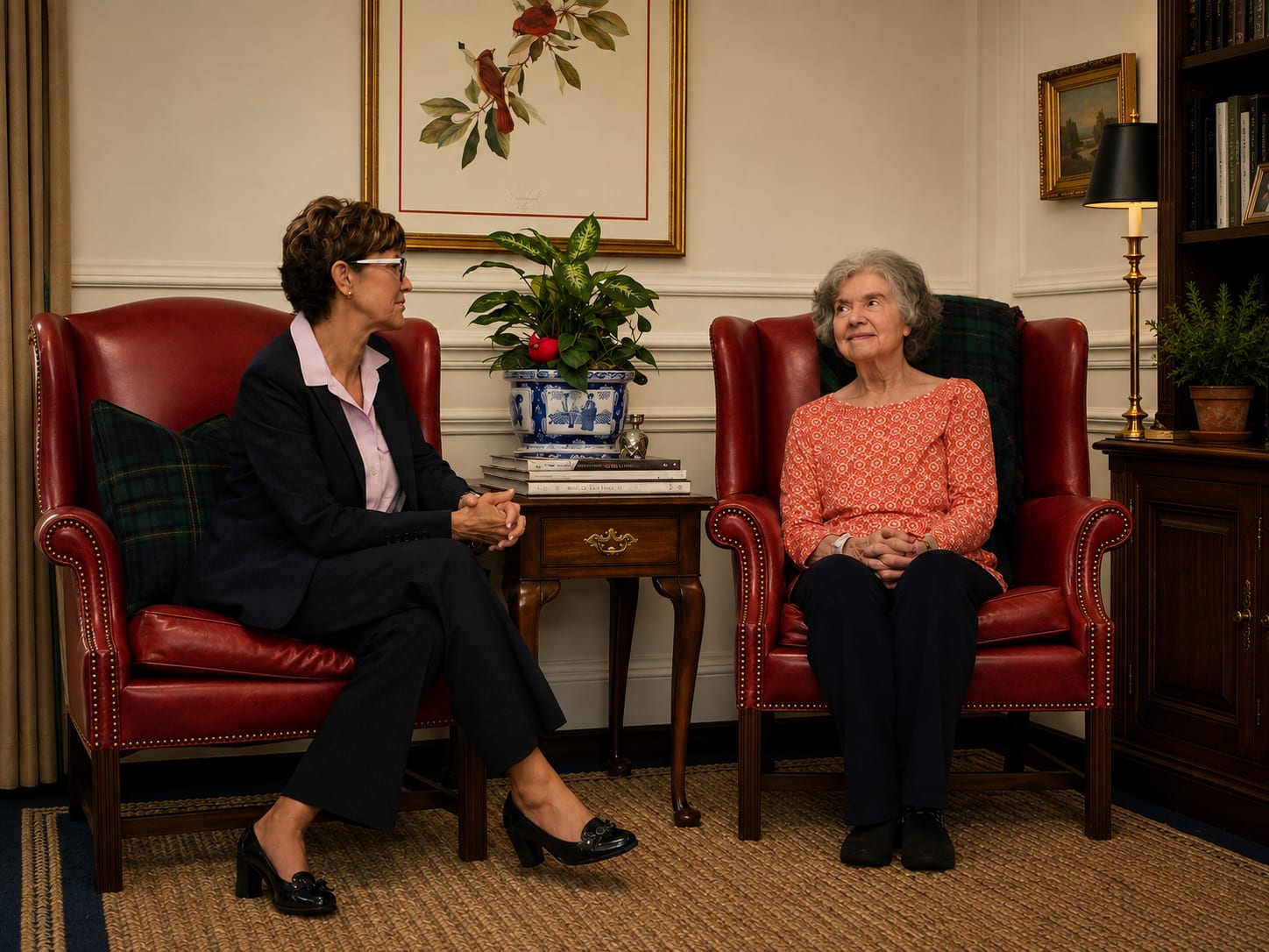 A resident visiting with family in a quiet sitting room