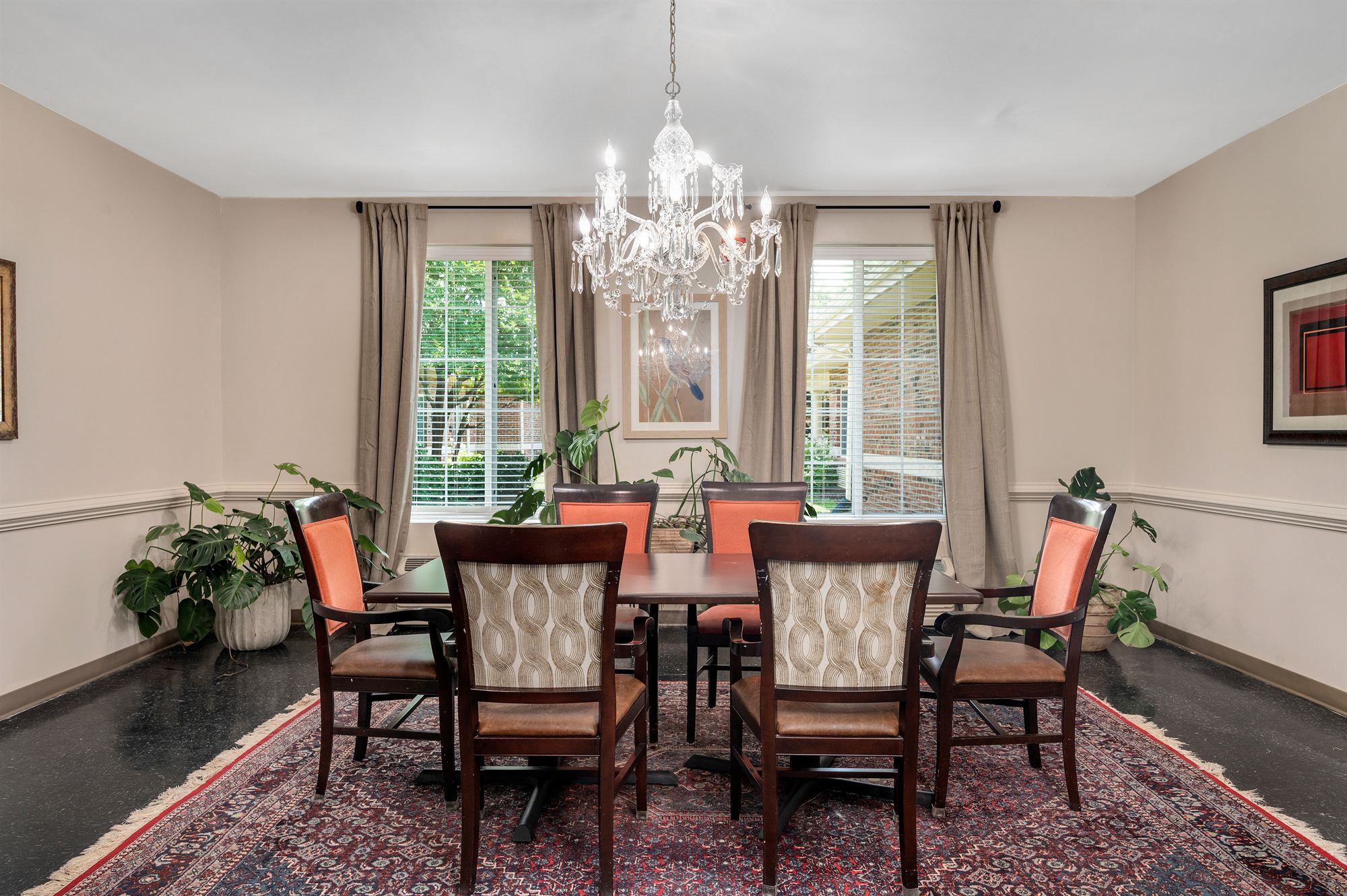 The private dining room and crystal chandelier