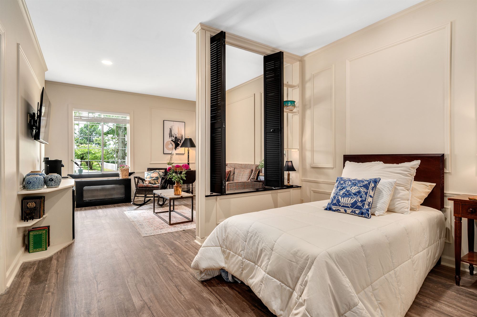 A private bedroom in soft white