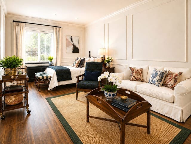 A private residence in Crepe Myrtle Hall, bed and sitting area in one sunlit room