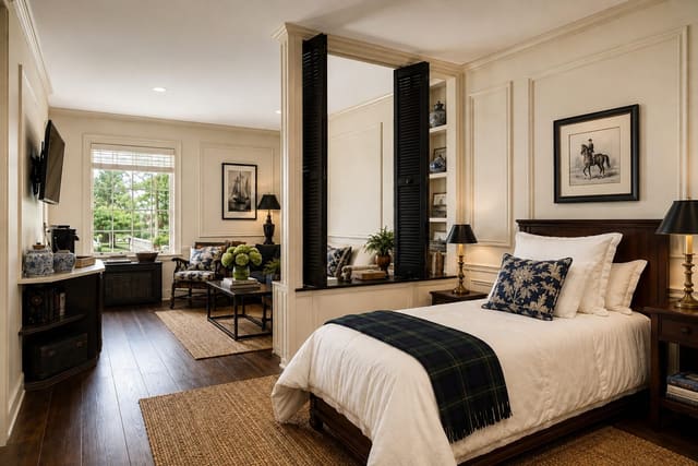 A Dogwood Hall residence, its bedroom opening to a shuttered sitting area