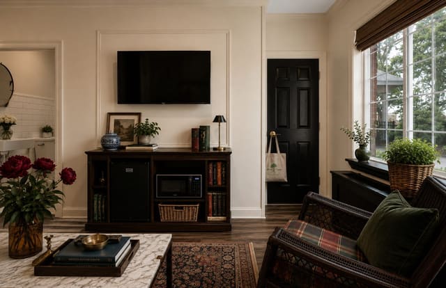 The sitting area of a Dogwood Hall residence, with a television over a cabinet that holds a mini refrigerator and microwave