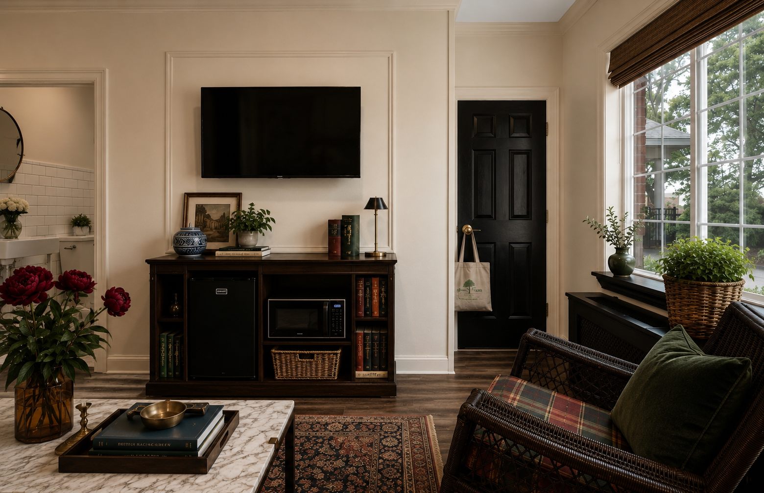 The sitting area and kitchenette of a Dogwood Hall residence