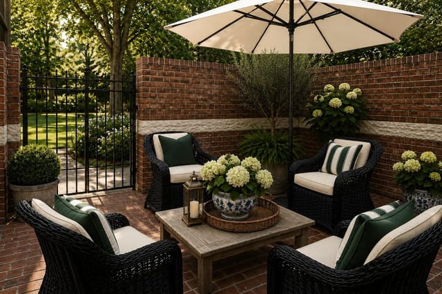 The Terrace Suite's private brick courtyard with wicker seating